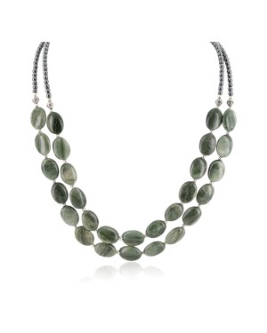 2 Strand Certified Authentic .925 Stering Silver Navajo Natural Green Agate Hematite Native American Necklace 17017