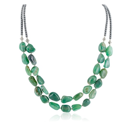 2 Strand Certified Authentic .925 Stering Silver Navajo Natural Jade Hematite Native American Necklace 17016