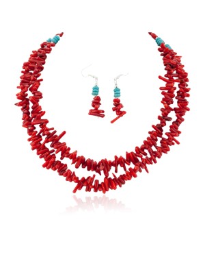 2 Strand Certified Authentic Navajo .925 Sterling Silver Hooks Coral Earrings and Native American Necklace Set 17012-18105-2