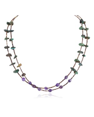 2 Strand Certified Authentic Navajo .925 Sterling Silver Natural Spiderweb Turquoise Amethyst Native American Necklace  750106-27