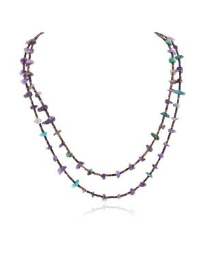 2 Strand Certified Authentic Navajo .925 Sterling Silver Natural Turquoise Amethyst Native American Necklace 15585-137