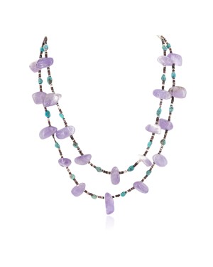 2 Strand Certified Authentic Navajo .925 Sterling Silver Natural Turquoise Amethyst Native American Necklace 750145-1