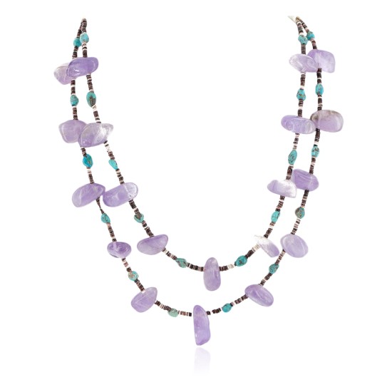 2 Strand Certified Authentic Navajo .925 Sterling Silver Natural Turquoise Amethyst Native American Necklace 750145-1