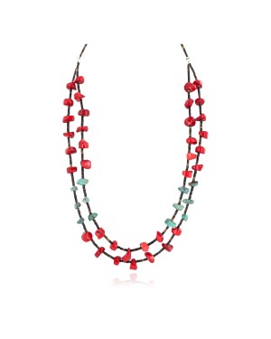 2 Strand Certified Authentic Navajo .925 Sterling Silver Natural Turquoise Coral Heishi Native American Necklace 750221