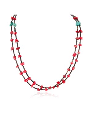 2 Strand Certified Authentic Navajo .925 Sterling Silver Natural Turquoise Coral Native American Necklace 15562-33