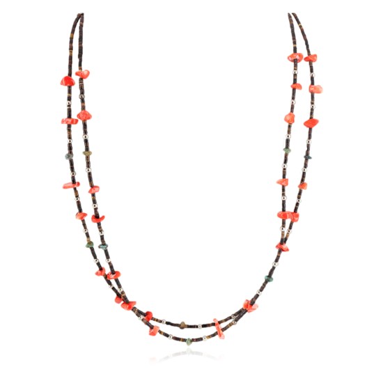 2 Strand Certified Authentic Navajo .925 Sterling Silver Natural Turquoise Coral Native American Necklace 750106-37