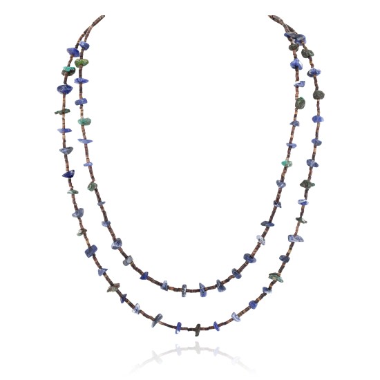 2 Strand Certified Authentic Navajo .925 Sterling Silver Natural Turquoise Lapis Native American Necklace 15585-34