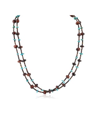 2 Strand Certified Authentic Navajo .925 Sterling Silver Natural Turquoise Red Jasper Native American Necklace  15546-13