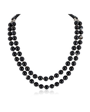 2 Strand Navajo Nickel Natural Black Onyx Native American Necklace 24423