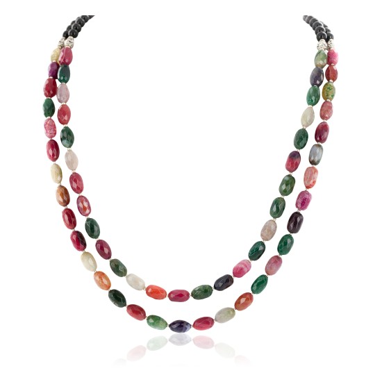 2 Strand Nickel Certified Authentic Navajo Dyed Quartz and Agate Natural Black Onyx Native American Necklace 17071