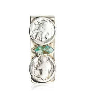 2 Vintage Style OLD Buffalo Coin Navajo .925 Sterling Silver and Nickel Natural Turquoise Native American Money Clip 11244-3