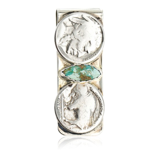 2 Vintage Style OLD Buffalo Coin Certified Authentic Navajo .925 Sterling Silver and Nickel Natural Turquoise Native American Money Clip 11244-3
