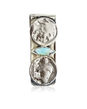 2 Vintage Style OLD Buffalo Coin Certified Authentic Navajo .925 Sterling Silver and Nickel Natural Turquoise Native American Money Clip 11244-5