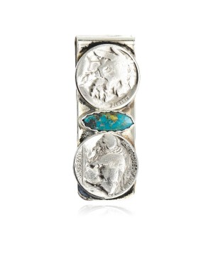 2 Vintage Style OLD Buffalo Coin Handmade Certified Authentic Navajo .925 Sterling Silver and Nickel Natural Turquoise Native American Money Clip 11244-4