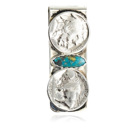 2 Vintage Style OLD Buffalo Coin Handmade Certified Authentic Navajo .925 Sterling Silver and Nickel Natural Turquoise Native American Money Clip 11244-4