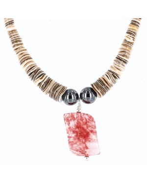 $200 Certified Authentic Navajo .925 Sterling Silver Graduated Melon Shell and Quartz Turquoise Hematite Native American Necklace 15427-1
