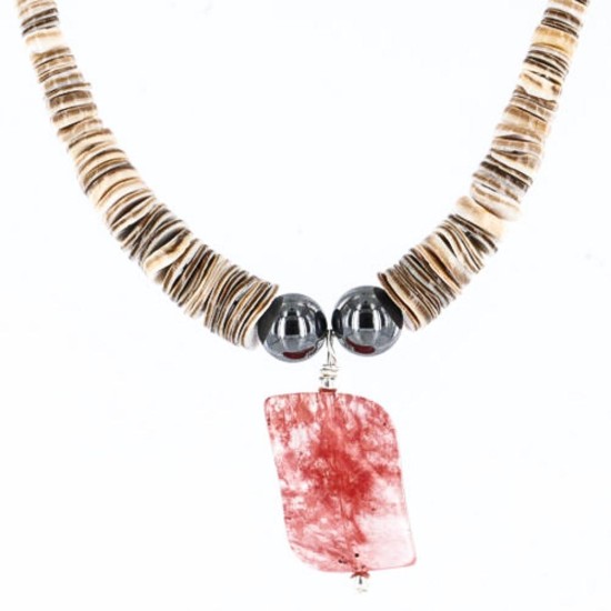 $200 Certified Authentic Navajo .925 Sterling Silver Graduated Melon Shell and Quartz Turquoise Hematite Native American Necklace 15427-1