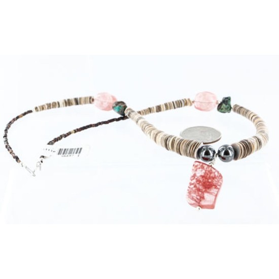 $200 Certified Authentic Navajo .925 Sterling Silver Graduated Melon Shell and Quartz Turquoise Hematite Native American Necklace 15427-1