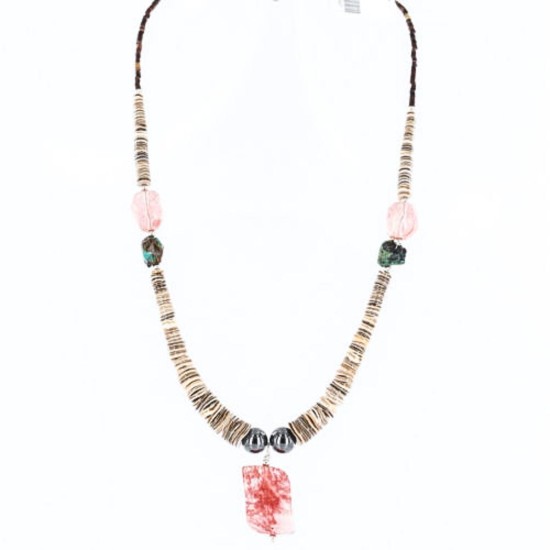 $200 Certified Authentic Navajo .925 Sterling Silver Graduated Melon Shell and Quartz Turquoise Hematite Native American Necklace 15427-1