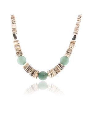 $200 Certified Authentic Navajo .925 Sterling Silver Graduated Melon Shell and Turquoise Jade Native American Necklace 750113-8