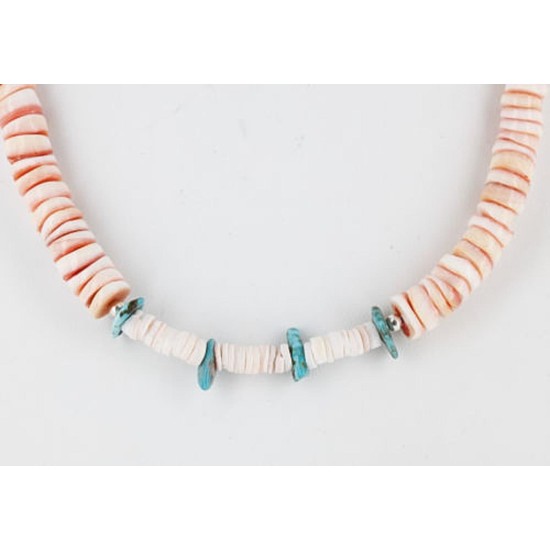 Certified Authentic Navajo .925 Sterling Silver Graduated Melon Shell and Turquoise Native American Necklace 370990907967