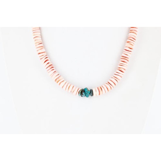 Certified Authentic Navajo .925 Sterling Silver Graduated Melon Shell and Turquoise Native American Necklace 390754098002