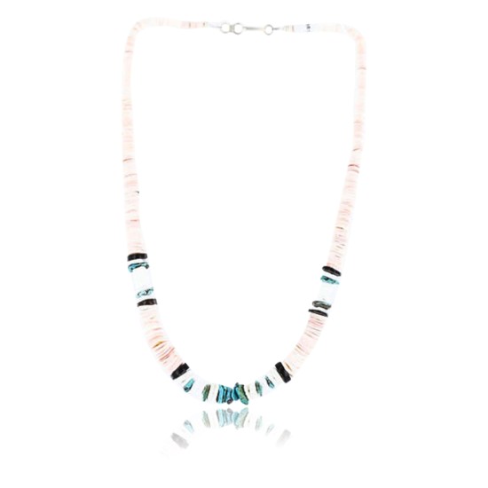Certified Authentic Navajo .925 Sterling Silver Graduated Melon Shell and Turquoise Heishi Native American Necklace 371001641608