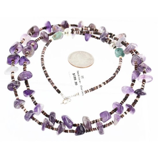Certified Authentic 2 Strand Navajo .925 Sterling Silver Turquoise and AMETHYST Native American Necklace 750126