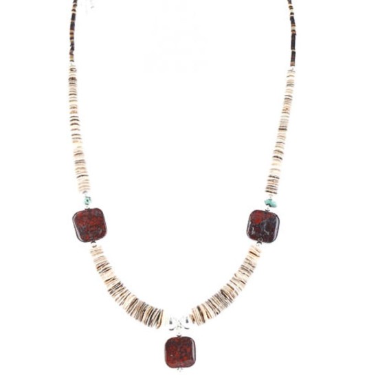 Certified Authentic Navajo .925 Sterling Silver Graduated Melon Shell and Turquoise Native American Necklace 790101-19