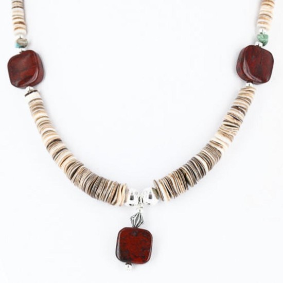 Certified Authentic Navajo .925 Sterling Silver Graduated Melon Shell and Jasper Turquoise Native American Necklace 790101-17