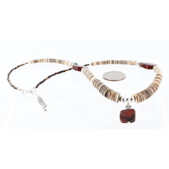 Certified Authentic Navajo .925 Sterling Silver Graduated Melon Shell and Jasper Turquoise Native American Necklace 790101-17