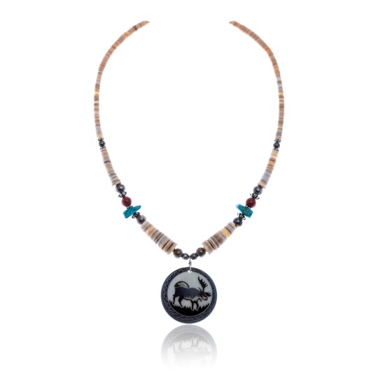 Elk .925 Sterling Silver Certified Authentic Navajo Native American Natural Turquoise Red Jasper Graduated Melon Shell Necklace 11051 Elk .925 Sterling Silver Certified Authentic Navajo Native American Natural Turquoise Red Jasper Graduated Melon Shell Necklace 11051