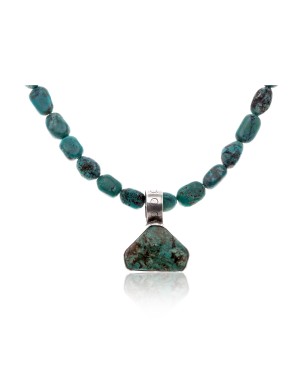 .925 Sterling Silver Certified Authentic Handmade Navajo Native American Natural Turquoise Necklace and Pendant 15003-3-15338