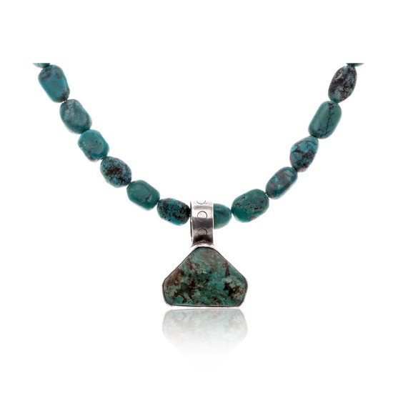 .925 Sterling Silver Certified Authentic Handmade Navajo Native American Natural Turquoise Necklace and Pendant 15003-3-15338