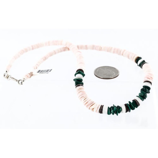 $230 Handmade Certified Authentic Navajo .925 Sterling Silver Graduated Melon Shell and Heishi Malachite Native American Necklace 390762726336