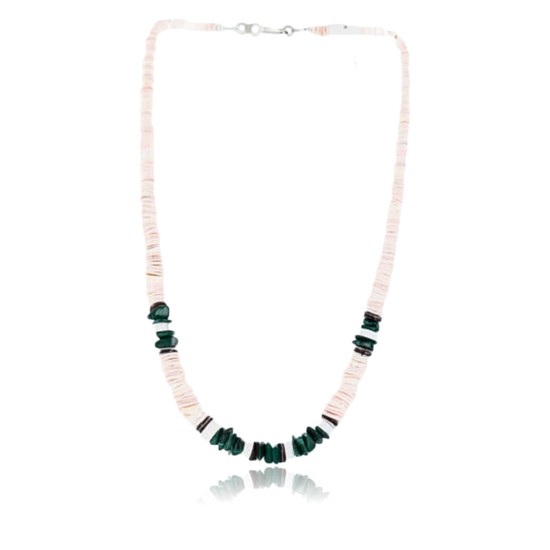 $230 Handmade Certified Authentic Navajo .925 Sterling Silver Graduated Melon Shell and Heishi Malachite Native American Necklace 390762726336