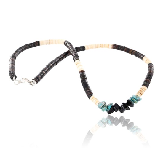 $230 Handmade Certified Authentic Navajo .925 Sterling Silver Heishi and Spiny Disk Onyx Turquoise Native American Necklace 390765186842