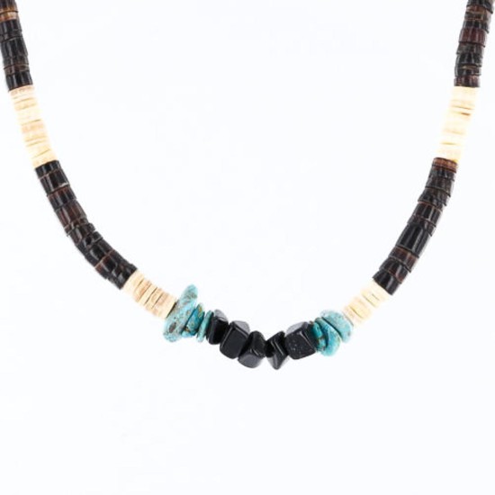 $230 Handmade Certified Authentic Navajo .925 Sterling Silver Heishi and Spiny Disk Onyx Turquoise Native American Necklace 390765186842