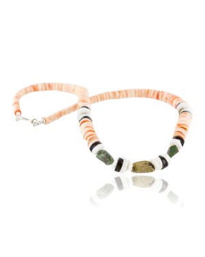 $240 Handmade Certified Authentic Navajo .925 Sterling Silver Graduated Melon Shell and Turquoise Native American Necklace 370990409499