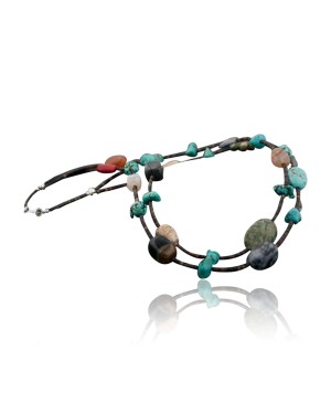 $240 Large Certified Authentic 2 Strand Navajo .925 Sterling Silver Multicolor Stones Native American Necklace 390569988014