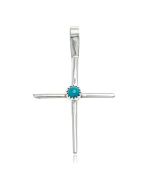 .925 Sterling Silver Handmade Cross Certified Authentic Navajo Natural Turquoise Native American Pendant 24373-1
