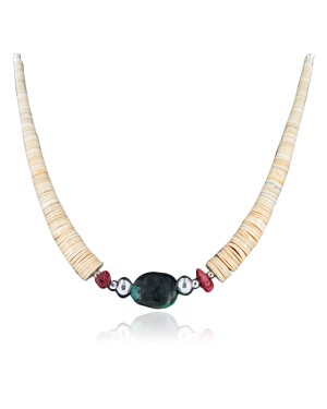 $250 Certified Authentic Navajo .925 Sterling Silver Graduated Heishi Turquoise and Coral Native American Necklace 25240