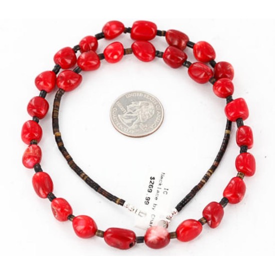 Certified Authentic Navajo .925 Sterling Silver Natural Coral and Heishi Native American Necklace 390834827025