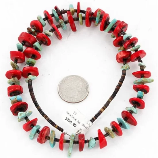 Navajo .925 Sterling Silver Natural Turquoise Coral Native American Necklace 390828597399