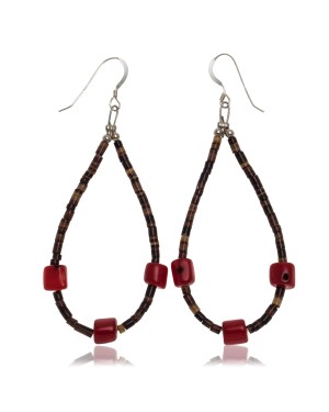 Coral .925 Sterling Silver Certified Authentic Navajo Native American Hoop Dangle Earrings 27281