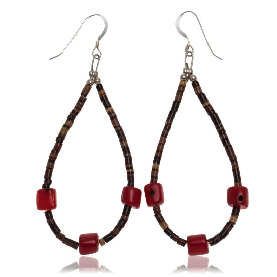Coral .925 Sterling Silver Certified Authentic Navajo Native American Hoop Dangle Earrings 27281