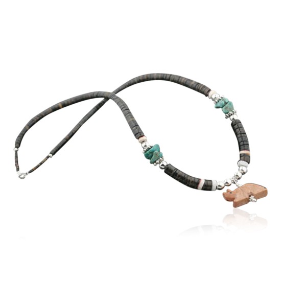 $290 Certified Authentic Navajo .925 Sterling Silver Graduated Heishi Turquoise Native American Carved Fetish Necklace 390732446395