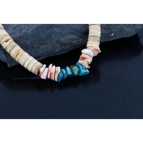 $290 Handmade Certified Authentic Navajo .925 Sterling Silver Graduated Melon Shell and Turquoise Native American Necklace 390742402073