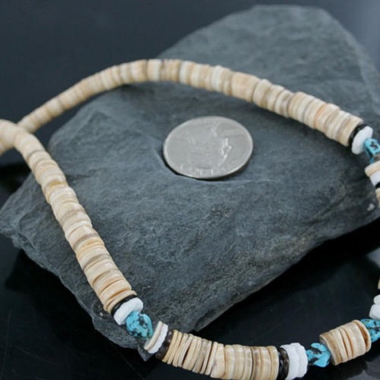 $290 Handmade Certified Authentic Navajo .925 Sterling Silver Graduated Melon Shell and Turquoise Native American Necklace 370967752328