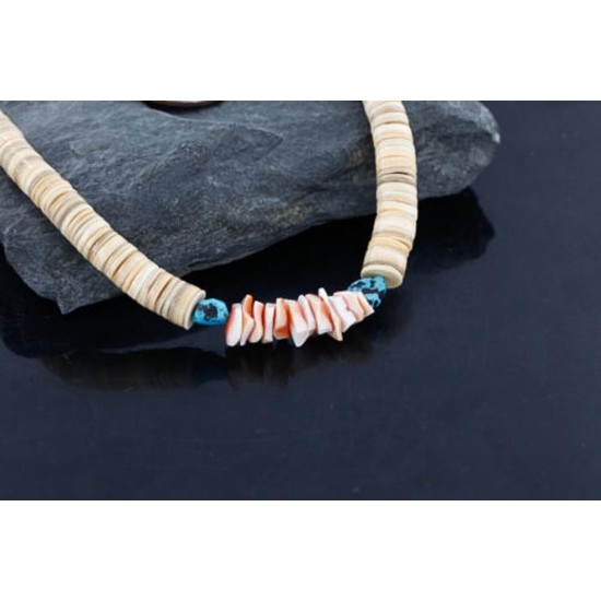 $290 Handmade Certified Authentic Navajo .925 Sterling Silver Graduated Melon Shell and Turquoise Native American Necklace 390742303756